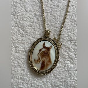 Forever 21 Gold-Tone Horse Cameo Long Necklace with Brown Detail